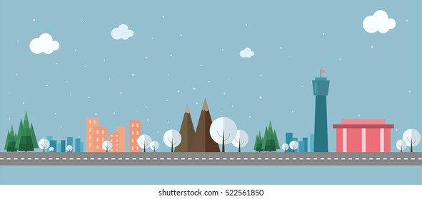 City,  metropolis in the winter snow. Flat  illustration