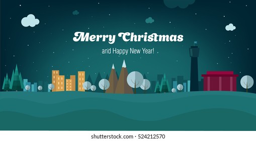 City metropolis in the winter snow. Flat. Happy new year and merry Christmas