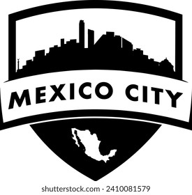 City of Mexico City black and white shield style city buildings silhouette shield graphic with knockout white outline of the state border shape under name. Vector eps design. 