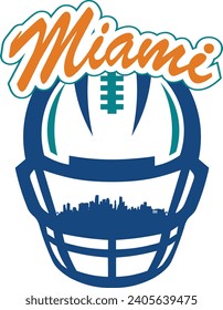 City of Miami Florida downtown buildings skyline silhouette inside face mask of football helmet with laces and script lettering above. Vector eps graphic design.