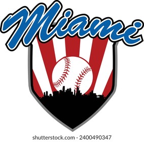 City of Miami Florida skyline silhouette baseball icon with ball inside home plate shaped shield and script lettering above. Vector eps graphic design.