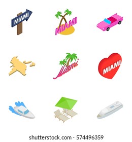 City Miami icons set. Isometric 3d illustration of 9 city Miami vector icons for web