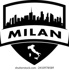 City of Milan Italy black and white shield style city buildings silhouette shield graphic with knockout white outline of the state border shape under name. Vector eps design. 