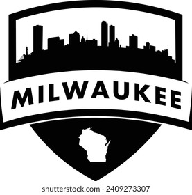 City of Milwaukee Wisconsin black and white shield style city buildings silhouette shield graphic with knockout white outline of the state border shape under name. Vector eps design. 