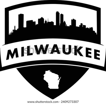 City of Milwaukee Wisconsin black and white shield style city buildings silhouette shield graphic with knockout white outline of the state border shape under name. Vector eps design. 