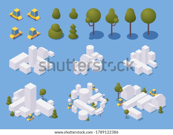 City minimalist creation set with trees and\
cars. White buildings in simple style with shadows. 3d isometric\
collection on blue\
background