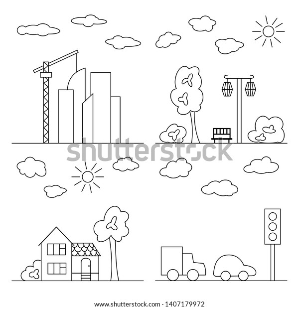 City minimalistic landscapes. Set of icons.
Line vector illustration.