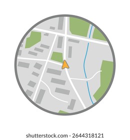 City minimap navigation, GPS navigator. Simple realistic map with small town, forest, river and player arrow in the center. Game like UI overlay with mini map and HUD radar navigator.
