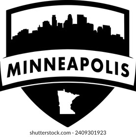 City of Minneapolis Minnesota black and white shield style city buildings silhouette shield graphic with knockout white outline of the state border shape under name. Vector eps design. 