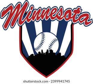 City of Minneapolis Minnesota skyline silhouette baseball icon with ball inside home plate shaped shield and script lettering above. Vector eps graphic design.