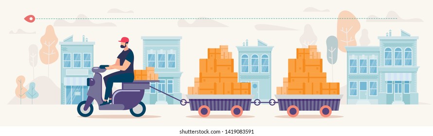 City Mobile Delivery Company, Shop Goods Shipment Service Flat Vector Concept. Man Riding Scooter on City Street, Pulling Trailers Full of Cardboard Boxes, Transporting Parcels to Clients Illustration