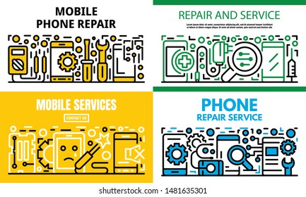 City mobile phone repair banner set. Outline set of city mobile phone repair vector banner for web design