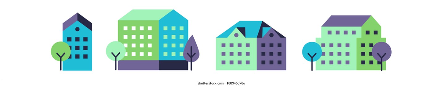 City modern architectural landscape with trees. Minimal buildings in green and purple colors, urban apartments and houses facade, real estate design simple geometric forms flat vector isolated set