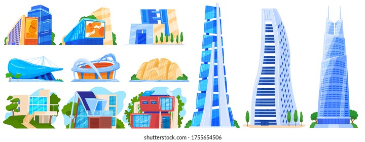 City modern building vector illustration set. Cartoon flat collection of urban cityscape house, business office skyscraper tower, home apartment townhouse, downtown infrastructure isolated on white
