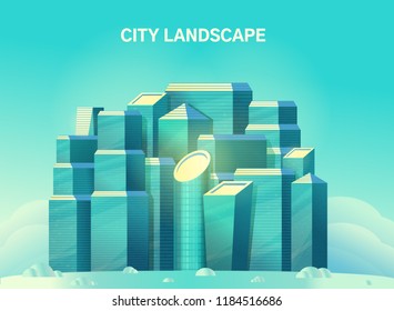 City modern landscape with high reflection glass skyscraper. Urban poster. Web banner. Vector flat illustration.