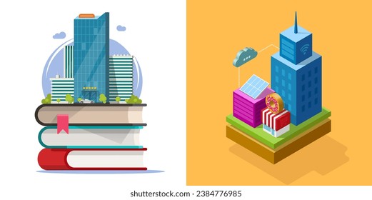 City modern smart 3d and flat icon vector graphic illustration, future technology education eco town isometric, university building on books image clipart