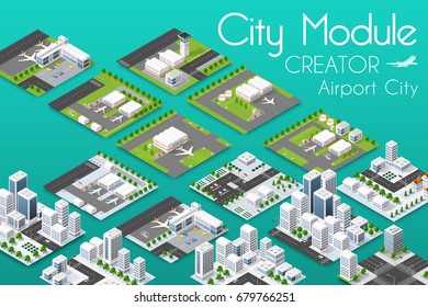 City module creator isometric airport of urban infrastructure business. Vector building illustration of skyscraper and collection of town elements architecture, home, construction, block and park