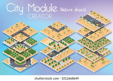 El creador de módulos urbanos concepto isométrico del negocio de infraestructura urbana. Paisaje natural del desierto vectorial y colección de elementos urbanos arquitectura, hogar, construcción, bloque y parque