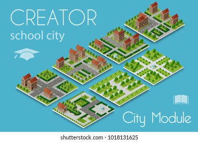 Concepto isométrico del creador de módulos urbanos de infraestructura urbana. Construcción vectorial ilustración de elementos arquitectura, hogar, construcción, bloque y parque