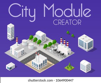 City module creator isometric concept of urban infrastructure business. Vector desert natural landscape and collection of urban elements architecture, home, construction, block and park