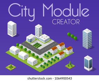 City module creator isometric concept of urban infrastructure business. Vector desert natural landscape and collection of urban elements architecture, home, construction, block and park