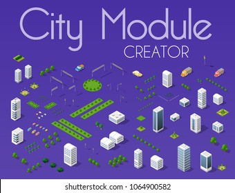 City module creator isometric concept of urban infrastructure business. Vector desert natural landscape and collection of urban elements architecture, home, construction, block and park