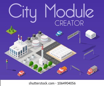 City module creator isometric concept of urban infrastructure business. Vector desert natural landscape and collection of urban elements architecture, home, construction, block and park