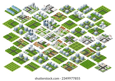 City module creator isometric concept of urban infrastructure business. Vector building illustration of skyscraper and collection of  elements architecture, home, construction, block and park