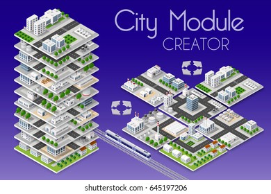 City module creator isometric concept of urban infrastructure business. Vector building illustration of skyscraper and collection of  elements architecture, home, construction, block and park