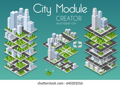 City module creator isometric concept of urban infrastructure business. Vector building illustration of skyscraper and collection of  elements architecture, home, construction