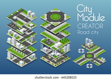 City module creator isometric concept of urban infrastructure business. Vector building illustration of skyscraper and collection of  elements architecture, home, construction, block and park