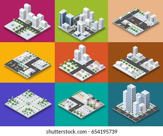 City module creator isometric concept of urban infrastructure business. Vector building illustration of skyscraper and collection of town elements architecture, home, construction, block and park
