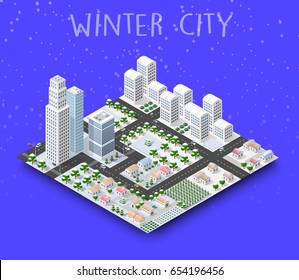 City module creator isometric concept of urban infrastructure business. Vector building illustration of skyscraper and collection of town elements architecture, home, construction, block and park