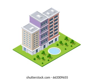 City module creator isometric concept of urban infrastructure business. Vector building illustration of skyscraper and collection of town elements architecture, home, construction, block and park
