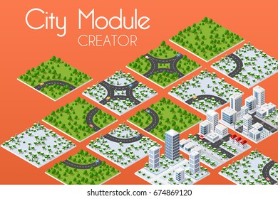 City module creator isometric concept of the urban infrastructure business. Vector building illustration of skyscraper and collection of town elements architecture, home, construction, block and park