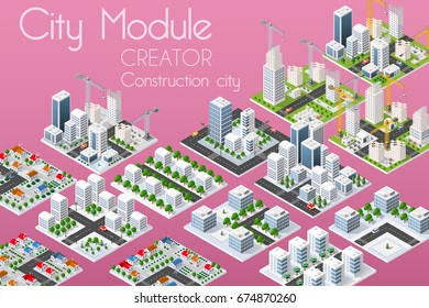 El creador de módulos urbanos concepto isométrico del negocio de infraestructura urbana. Dibujo vectorial de rascacielos y colección de elementos de la ciudad arquitectura, hogar, construcción, bloque y parque