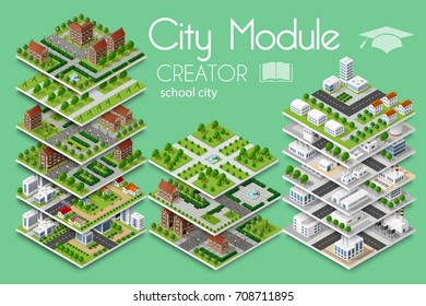 City Module Creator Isometric Concept Of Urban Infrastructure Business. Vector Building Illustration Of School University Education Of  Elements Architecture, Home, Construction, Block And Park