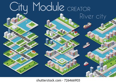 El creador de módulos urbanos concepto isométrico del negocio de infraestructura urbana. Construcción vectorial de terraplén con puentes de elementos arquitectura, hogar, construcción, bloque y parque