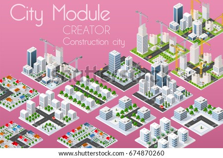 City module creator isometric concept of urban infrastructure business. Vector building illustration of skyscraper and collection of town elements architecture, home, construction, block and park