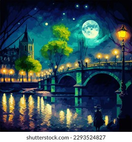 City Moonlight. A picturesque watercolor-style vector illustration of a cityscape at night, featuring a bridge over a river with glowing lanterns, a full moon, and a man's silhouette.