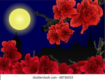 City in moonlight and red flowers