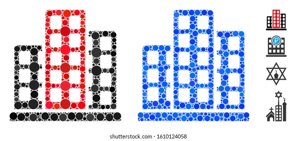 City mosaic of circle elements in different sizes and shades, based on city icon. Vector circle elements are organized into blue composition. Dotted city icon in usual and blue versions.