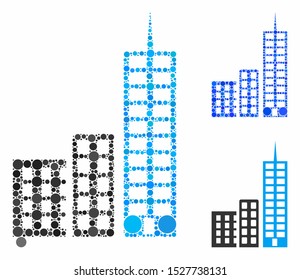 City mosaic of small circles in different sizes and color tinges, based on city icon. Vector small circles are grouped into blue mosaic. Dotted city icon in usual and blue versions.