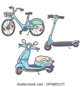 City motor scooter, electric kick scooter and bicycle. Shared transport vector illustration