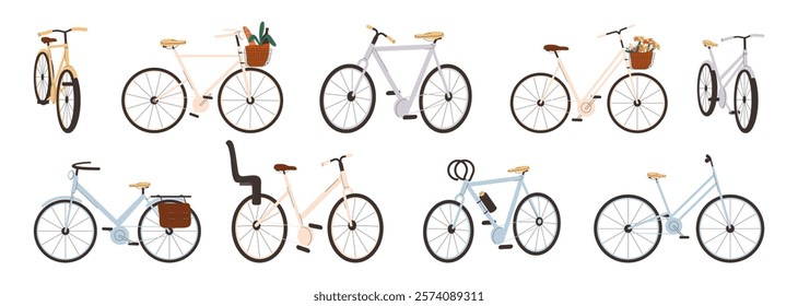 City and mountain bicycles for bikers. Vector in flat style, isolated transport for cycling. Equipment for cyclists, sportive and casual models of transportation. Basket for groceries and packets