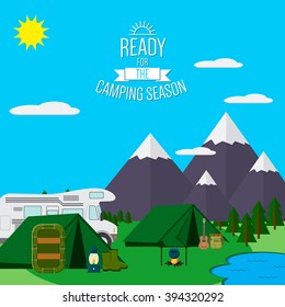 City and Mountains with forest and lake landscape flat vector illustration, concept for holiday and vacation, camping and hiking, outdoor adventure, with recreation place, tents raft and RV.