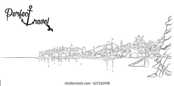 City in the mountains near the sea. Vector illustration. Outline