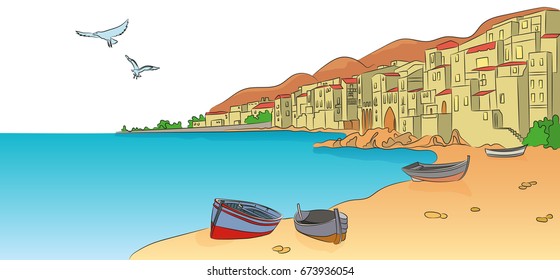 City in the mountains near the sea. Vector illustration.