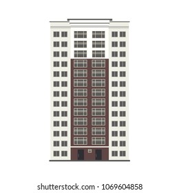 City multi storey building exterior front view with windows, balconies and doors in flat style isolated on white background. Modern high-rise apartment or office building. Vector illustration