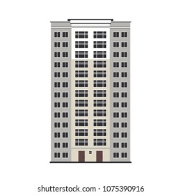 City multistorey house exterior front view - apartment or office building with balconies, windows and doors in flat style isolated on white background. Vector illustration